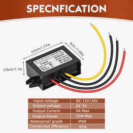 Klnuoxj DC 24V 12V to 5V 5A 25W Step Down Converter Module Buck Reduced Voltage Regulator Car Power Converter 24 Volt 12 Volt to 5 Volts Direct Current Converter (2-PCS)