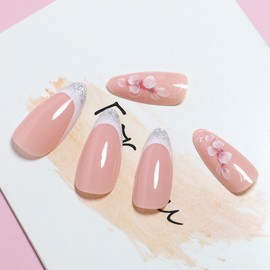 24Pcs White French Tip Press on Nails Medium Almond - Autumn Silver Glitter Fake Nails with Cute Pink Flower Designs Glue on Nails Fall Nail Art Tips Full Cover Artificial Pink False Nails for Women