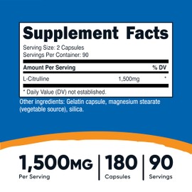 Nutricost L-Citrulline 1500mg, 180 Capsules - 750mg Per Capsule, Gluten Free, Non-GMO, Packaging May Vary