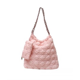 Miniministore Women's Quilted Chain Bag Tote Bag with Pouch, Large Capacity, Quilted Bag with Mini Pouch, Casual Clean, Shoulder Bag, Elegant School or Work Bag, Korean Style, light pink