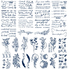 30 Sheets Semi-Permanent Tattoos for Women Inspirational Words Tatto Stickers, Floral Rose Sunflower Body Dark Blue Fake Tattoos for Adult Men Kids, Lasting 1-2weeks Tiny Waterproof