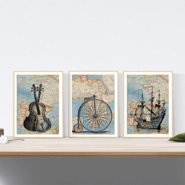 Nacnic Old Travel World Maps. Illustration Set Travel Around the World. Vintage Style Maps of Europe, Spain and Africa. A4 without frame.