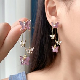 Purple Butterfly Tassel Style Zircon Earrings for Women Crystal Rhinestone Drop Earrings Long Butterfly Dangle Earrings Wedding Jewelry for Women