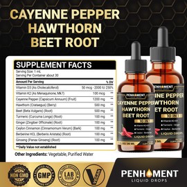 Penhoment 2 Packs - 2700 mg 10in1 Cayenne Pepper Liquid Drops with Hawthorn Berry, Vitamin D3 K2, Beet Root, Ginger Turmeric, Ginger, Ceylon Cinnamon, Berberine, and Ginseng - 2 Months