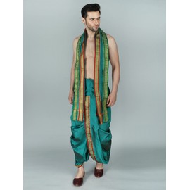 Ready to Wear Dhoti and Angavastram Set with Woven Golden Border - Art Silk - Color Deep Lake