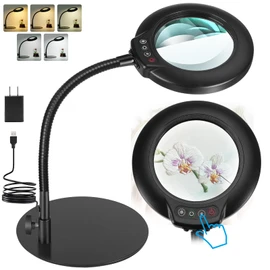 IVMAIE 10X Magnifying Glass with Light, Real Glass Lens, 5 Color Modes Dimmable, Flexible Gooseneck Lighted Magnifier with Stand, LED Desk Lamp Hands Free for Crafts Painting Sewing Reading Close Work