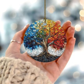 Tree of Life Stained Glass Christmas Tree Ornament Four Season Theme Colorful Leaves Hanging Ornaments Festive Holidays Home Decor Funny Ceramic Circle Souvenir for Family Birthday New Year Home