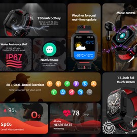 DREAMWIN Men's Smartwatch 240 x 280 1.69 Inch Full Touch Screen Smartwatch, IP68 Waterproof Smart Watch with 22 Sports Modes, Pedometer with Blood Pressure and Heart Rate Monitor for Android iOS