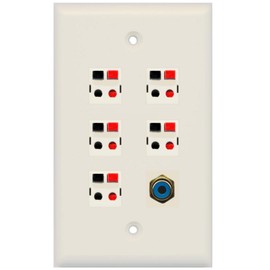 RiteAV 5 x Speaker Jacks and 1 x RCA Subwoofer Port Wall Plate Single Gang - Light Almond