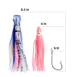 OCEAN CAT Teaser Chain Trolling Lure Saltwater Fishing Lure Bag with Circle Hook and Fishing Line Fully Rigged Teasers for Wahoo Tuna Marlin Mahi Mahi (#054+#055, 8.5in+6in+9/0)