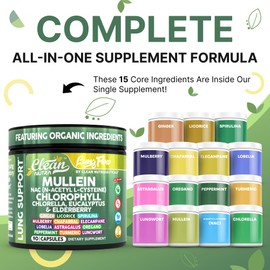 Clean Nutraceuticals Clean Nutra Mullein NAC Supplement Spirulina Chlorella Ginger Licorice Mulberry Astragalus Root Oregano Turmeric with Chlorophyll Berries Detox Cleanse Respiratory Lung Health 90 Capsules