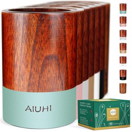 Wood Cooking Utensil Holder for Countertop,Teak Crock Organizer Caddy, Wooden Holder for Kitchen Utensils,for Spoons Spatula Straw Cutlery Accessories Utensils Storage Sky Blue