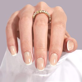 Press On Nails Short, French Round Nails Manicure Gifts for Women, Glossy, Semi-Transparent, Reusable | 16 Sizes - 32 Nails with Wear Tool Kit