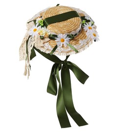 COSDREAMER Girls Ladies Lolita Lace Ribbon Straw Hats Sun Hat, Black and green