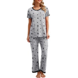 PrinStory Womens Pajama Set Short Sleeve Sleepwear Ladies Soft Pjs Lounge Set With Pockets Floral Print Nightwear (Black Star Grey, L)