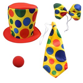 SUNTRADE Funny Party Clown Costume Set,Clown Hat, Tie and Nose Set,Clown Accessories,4 PCS