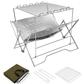 PSKOOK Camping Grills, Stainless Steel Portable Foldable Campfire Charcoal BBQ Grill, Lightweight Fire Pit for Travel, Outdoor Cooking, Bushcraft, Picnics, Garden, Balcony and Beach,Easy to Assemble