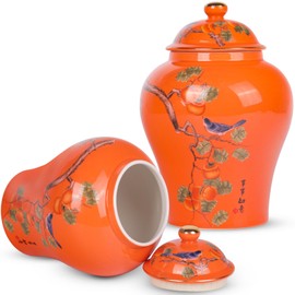 XINGYAN Chinoiserie Ginger Jar 2pcs Set - Chinese Blue and White Porcelain Home Decorative Storage Jar with Lid(Orange set)