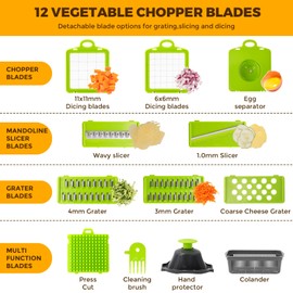 Pro Vegetable Chopper - 14 in 1 Multifunctional Food Chopper with 7 Blades, Onion, Carrot, Garlic Cutter, Gray