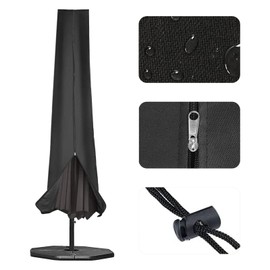 RICHIE Garden Parasol Cover Outdoor Umbrella Covers Fit 2.5 to 4m Diameter Parasols 190x25x50cm Waterproof 600D Oxford PVC Coating with Heavy-duty Zip and Adjustable Drawstring Cord at Bottom, Black
