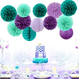 Teal-Purple Party-Decorations Paper Flowers Lanterns - 15PCS Lavender Girl Mermaid-Birthday Tissue Pom Poms Streamers,Baby Bridal Shower Wedding Classroom Hanging Supplies Decor Hugfond