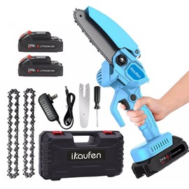 ikaufen Mini Chainsaw Cordless 4 Inch Bule Portable Electric Chainsaw Cordless Handheld + 2 Battery Set for Branch Wood Cutting and Tree Trimming