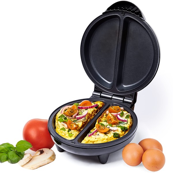 Crystals OM723 Dual Non Stick Omelette Maker Electric, 750 Watt, Easy Clean Dual Plates, Heat Up Time 2-3 Minutes, For Omelettes, Scrambled Eggs & Pastries (Black)