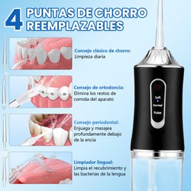 Irrigador Bucal, 3 Modos 4 Puntas, Limpieza Dental Portatil, Water Flosser Irrigador IPX7 Impermeable Limpiador de Dientes Hilo Dental de Agua Irrigador Oral para Hogar y Viajes Negro