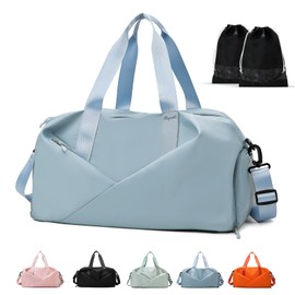 Sports Gym Bag, Portable Large Duffel Totes with 2pcs Shoes Compartments, Lightweight Overnight Weekend Bags for Sport Yoga Travel Swimming (Blue)