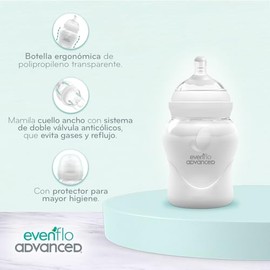 Evenflo Advanced Biberón Anticólicos Avanzado, Cuello Ancho, Silicón Grado Alimenticio, Transparente, 150ml, Flujo Lento, Sistema de Doble Válvula, pa