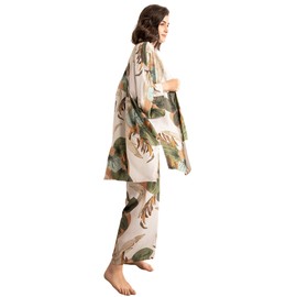 WDIRARA Women's 3 pcs Sleepwear Leaf Print Cami and Pants Pajama Set with Robe Multicolor L