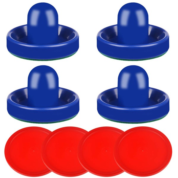 ONE250 Air Hockey Pushers and Red Air Hockey Pucks, Goal Handles Paddles Replacement Accessories for Game Tables (4 Striker, 4 Puck Pack) (Blue)