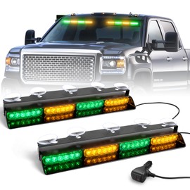 HLAUTO 6Z4J Emergency Dash Strobe Lights: 2x16.8 inch Green Amber Safety Lights, 48 LED Flashing Warning Hazard Interior Windshield Visor Traffic Light Bar for Trucks, Construction Vehicles