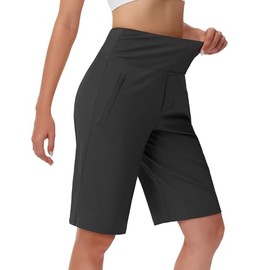 MIVEI - Bermudas largas de 12 pulgadas para mujer, con bolsillos con cierre, cintura alta, control de abdomen, longitud hasta la rodilla, para mujer, verano casual, Negro -, M
