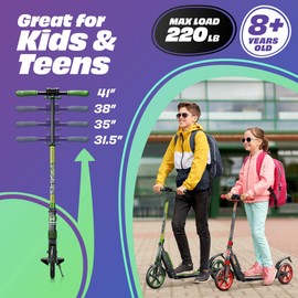 Skidee Kick Scooters for Kids 8-12 - Adjustable Height Up to 41", Foldable, 8" Shock-Absorbing Wheels, 220LBS Capacity - Ultra Smooth Kick Scooter for Adults, Teens & Kids – Lightweight & Portable