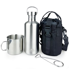 Pubgeer Canteen 42oz Single Wall Water Bottle with 24oz Nested Camping Cup and Carrier Bag, Bushcraft Gear, Wide Mouth Water Bottle, Survival Gear, Water Boiler, Self Reliance, Stainless Steel - Black