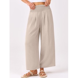 ANRABESS Womens Cropped Pants Wide Leg High Waisted Palazzo Pants Summer Flowy Beach Lounge Casual Trousers with Pockets Almond X-Large