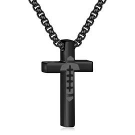 P.BLAKE Football Cross Necklace for Boys Men, Stainless Steel Black Pendant Chain Christian Baptism First Communion Confirmation Accessories Jewelry Gifts For Teen Boys Ages Kids（20in）