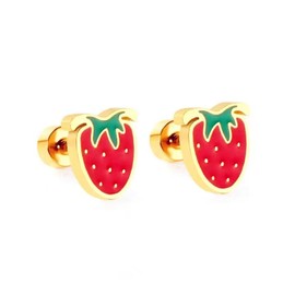 Strawberry Fruit Small Stud Earrings Stainless Steel Funny Cute Enamel Red Summer Fruits Tiny Sleeper Flat Back Earrings for Women Birthday Christmas Party Beach Holiday Fashion Jewelry Gifts (Gold)