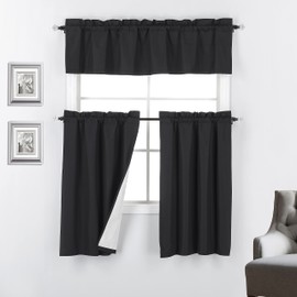 Rooney 3 Piece Thermal Backing Blackout Kitchen Window Curtain Tiers and Valance Set (Black)
