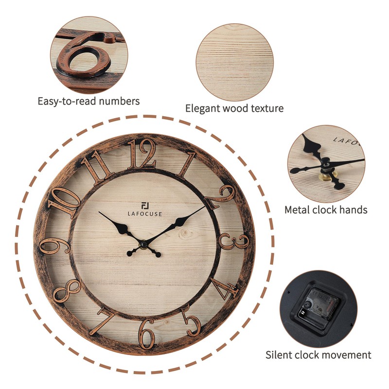 Lafocuse Silent Bronze Rustic Farmhouse Wall Clock with Raised 3D