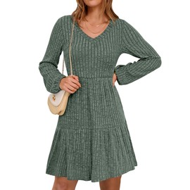 ANRABESS Women's Long Lantern Sleeve Ribbed Knit Dresses V Neck Casual 2025 Fall Winter Flowy Swing Tunic Sweater Short Dress Green Medium