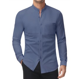 DEMEANOR Stretch Mens Dress Shirts Band Collar Dress Shirts for Men Button Down Long Sleeve Shirts Casual Muscle Fit Big Blue