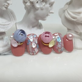Lantern Rose Handmade Nail Tips - Long Oval / 초롱장미 수제네일팁 - 롱오발