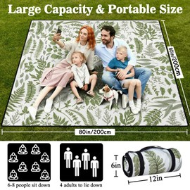 QDJGSDDGM Picnic Blankets Waterproof Foldable Extra Large,80"x 80" Outdoor Beach Blanket Sandproof,3-Layer Lightweight Handy Mat Tote Picnic Camping Rugs for Outside Your Rv (Botanical Fern Plant)