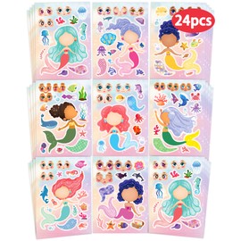 24 Pcs Make Your Own Mermaid Sticker Sheets for Kids with Mermaid Face Stickers for Kids Toddlers Crafts Activities Gift Bag Stuffers Birthday Party Favors Supplies