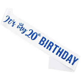 It’s My 20th Birthday Sash,20th Birthday Sash for Girls,Glitter Letter 20th Birthday Sash for Girls,Happy 20th Birthday Party Decorations,White and Blue