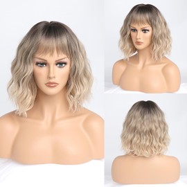 YaissmyLu Ombre Blonde Wigs for Women Ash Blonde Wig with Bangs Short Wavy Wigs Dirty Blonde Wig with Dark Roots Medium Length Synthetic Hair for Daily&Cosplay(12 Inch)