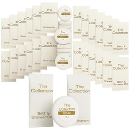Travel Size Toiletries, Miniature Hotel Toiletries | 12x10ml Shower Gel, 12x10ml Shampoo Sachets, 12x15g Tissue Pleated soap Bulk Pack | Ideal for Hotels, Holiday Lets, Travel Sachets