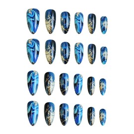 Blue Press on Nails Almond Medium Fake Nails Sea Waves False Nails with Gold Foil Designs Summer Ocean Acrylic Nails Press ons Gloss Marble Stripes Glue on Nail for Women Girls Manicure Deco